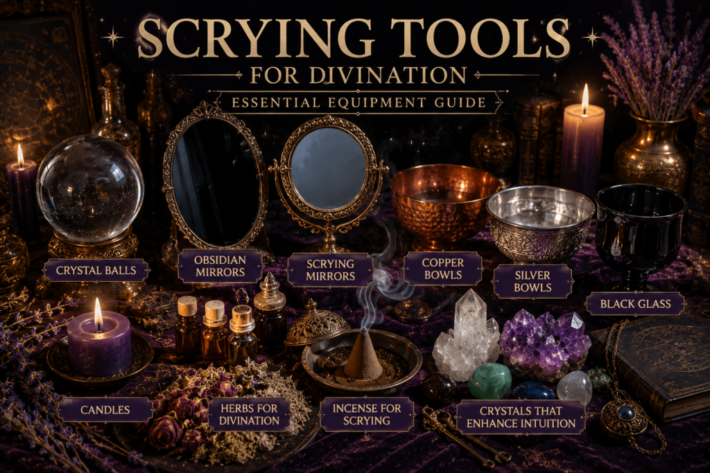 An illustrated collection of essential scrying tools including crystal balls, black mirrors, copper bowls, silver bowls, black glass, candles, herbs, incense and intuition-enhancing crystals arranged on a mystical altar.