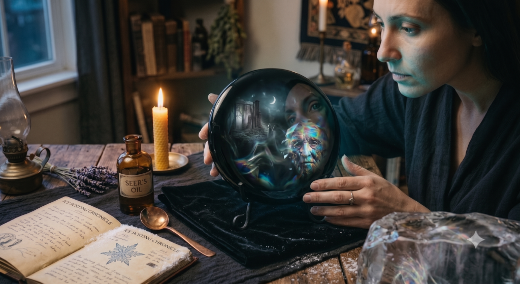 A detailed close-up shot of a seer performing a scrying session, holding an obsidian mirror on a velvet stand. A bottle of'Seer’s Oil' and open leather-bound books are on the table next to a lit beeswax candle. A mystical vision is reflected in the mirror.