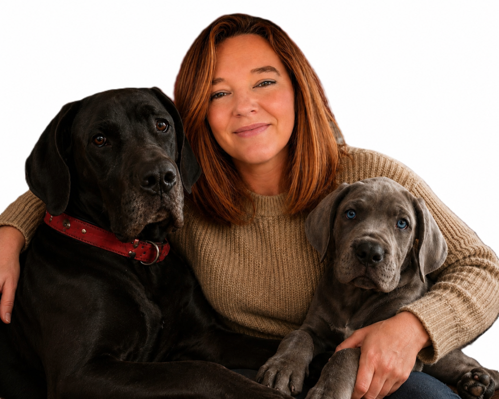 Sian with Her Great Danes, Onyx and Odin Sian smiling while hugging her two Great Danes, Onyx, an adult black Great Dane with a red collar, and Odin, a blue-gray puppy.
