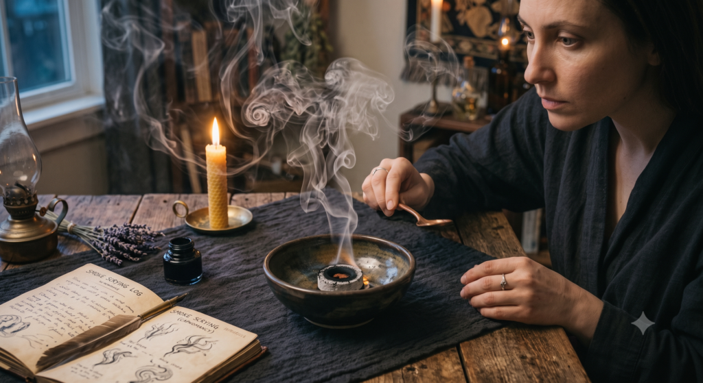 A practitioner watching curling smoke plumes rise from burning frankincense resin in a ceramic dish during a capnomancy scrying session next to a candle and an open journal