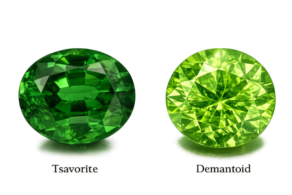 Comparison of Tsavorite and Demantoid gemstones showing polished green garnets side by side on a transparent background.
