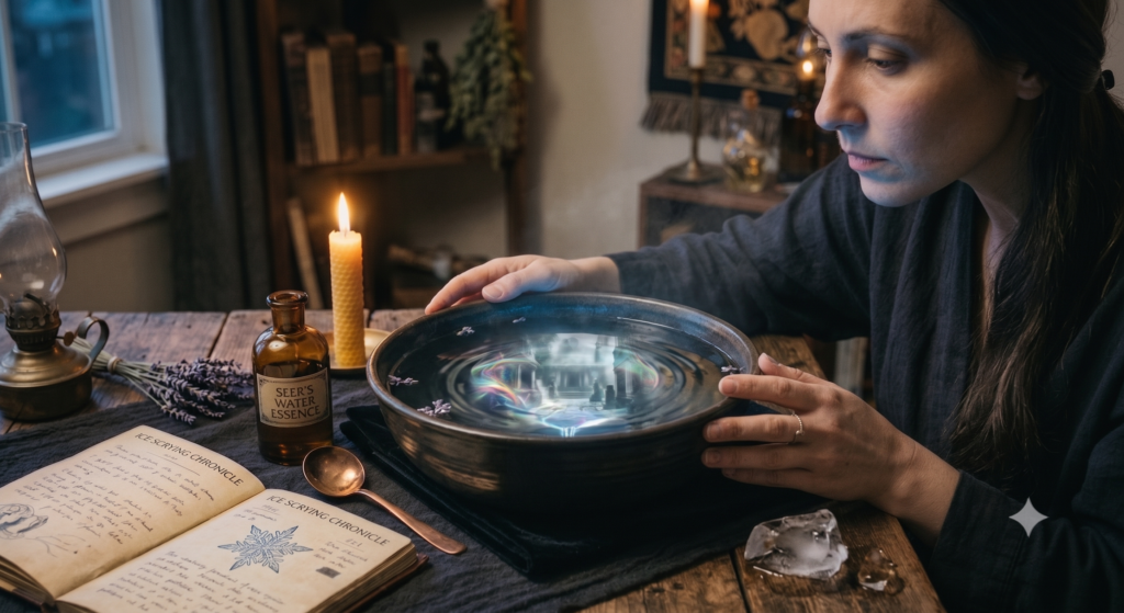A woman in a rustic, candlelit study performing a water scrying divination ritual. She leans over a dark ceramic bowl filled with shimmering water that reflects mystical, iridescent patterns. Her hands, featuring silver rings, rest near the bowl. The wooden table holds an open'Seer's Water Essence' chronicle, a bottle, dried lavender, a lit beeswax candle, a copper spoon, and a melting ice cube.