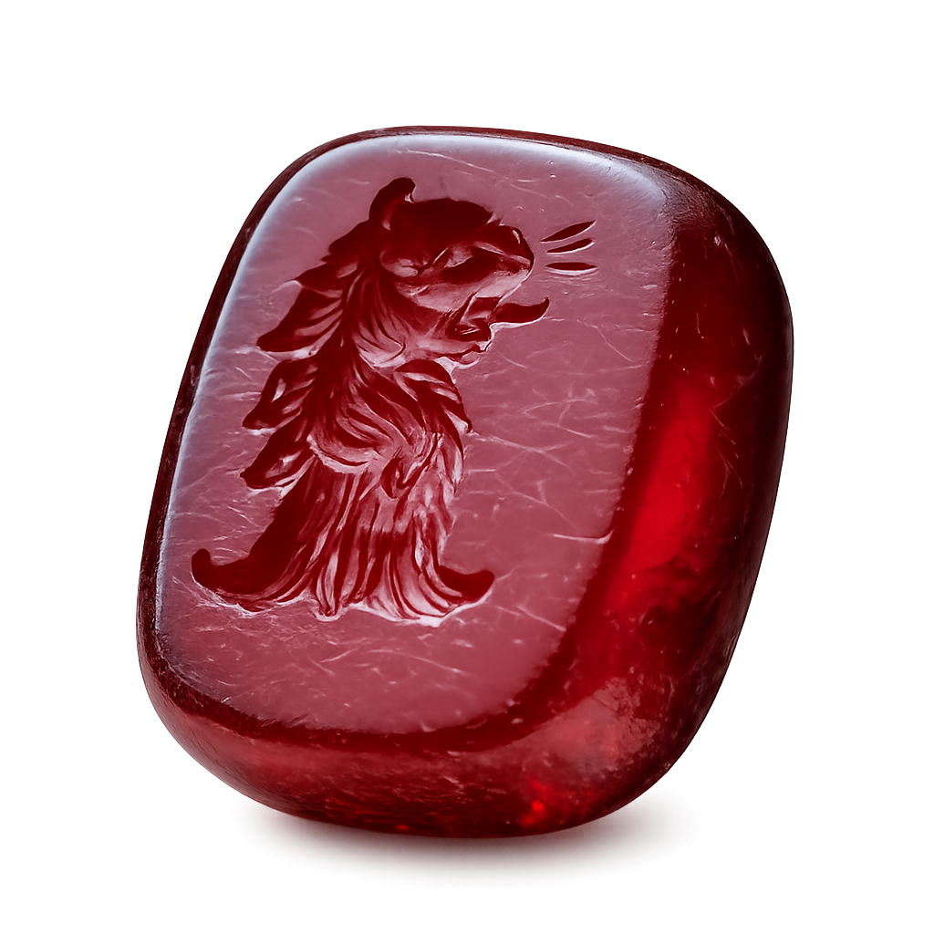 Ancient carved red garnet intaglio gemstone engraved with a roaring lion on a transparent background