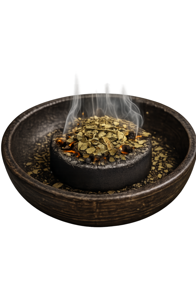 Chopped bay leaves smouldering on a charcoal disc inside a rustic bowl with rising smoke, used for spiritual cleansing, manifestation and ritual practice.