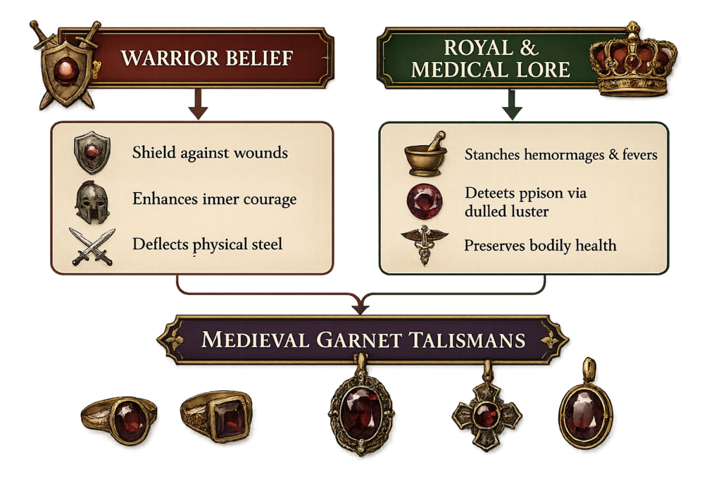 Two banners compare warrior belief vs. royal and medical lore, listing protective talismans and their uses, with garnet jewelry below.