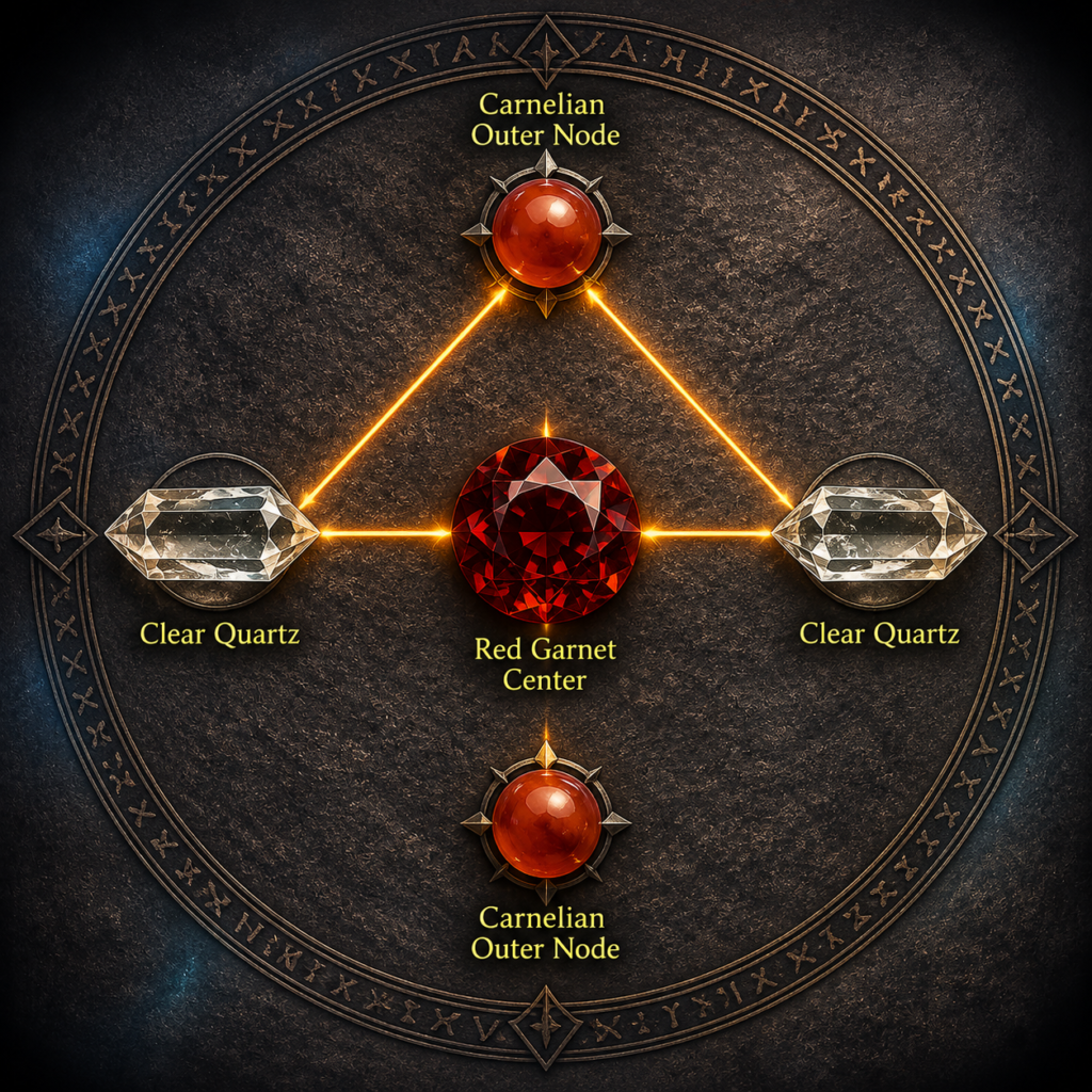 Red garnet crystal grid with a central garnet, two clear quartz points and two carnelian outer nodes connected by glowing energy lines.
