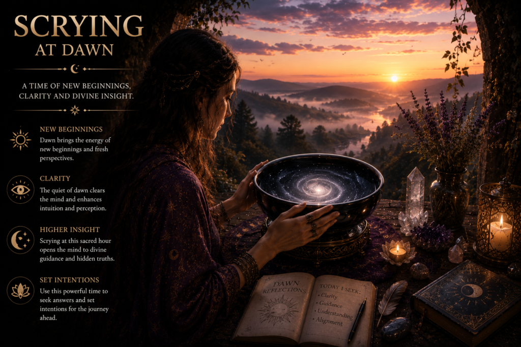 Woman practising scrying at dawn with a crystal bowl, candles and crystals as the rising sun illuminates a peaceful landscape.