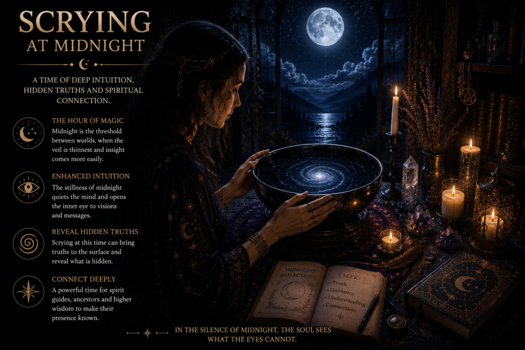 Woman practising scrying at midnight with a crystal bowl, candles and crystals beneath a moonlit sky to seek intuition, spiritual guidance and hidden truths.