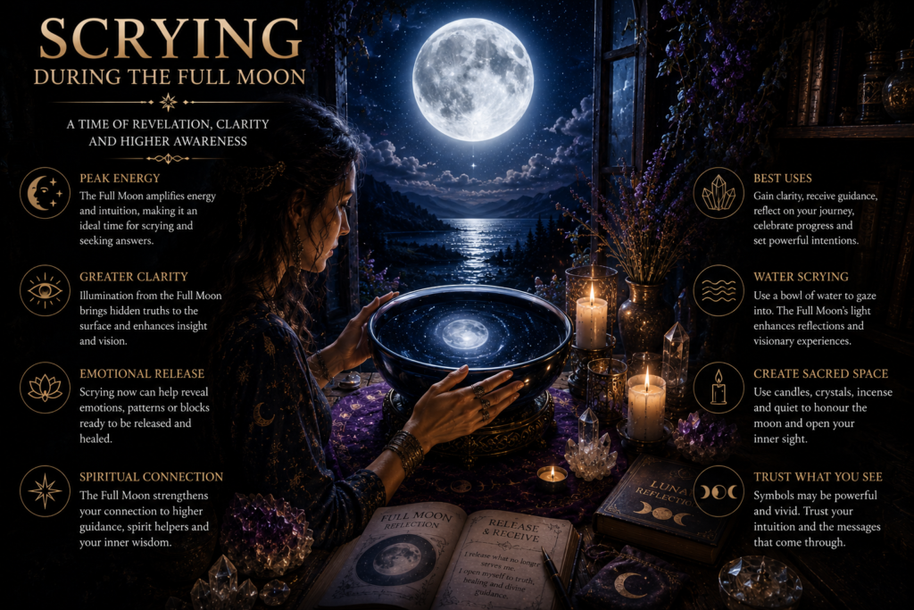 Woman practising full moon scrying with a crystal bowl, candles and crystals beneath a bright full moon to seek clarity, intuition and spiritual guidance.