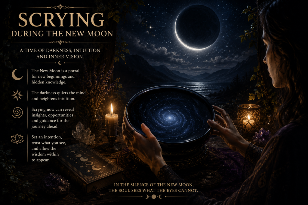 Woman practising scrying during the new moon by candlelight with a crystal scrying bowl, crystals and ritual tools beneath a dark night sky.
