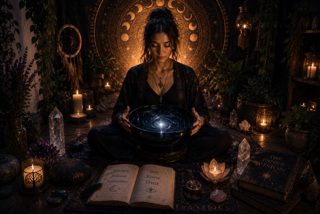 Woman meditating while gazing into a crystal scrying bowl surrounded by candles, crystals and spiritual tools in a peaceful meditation space.