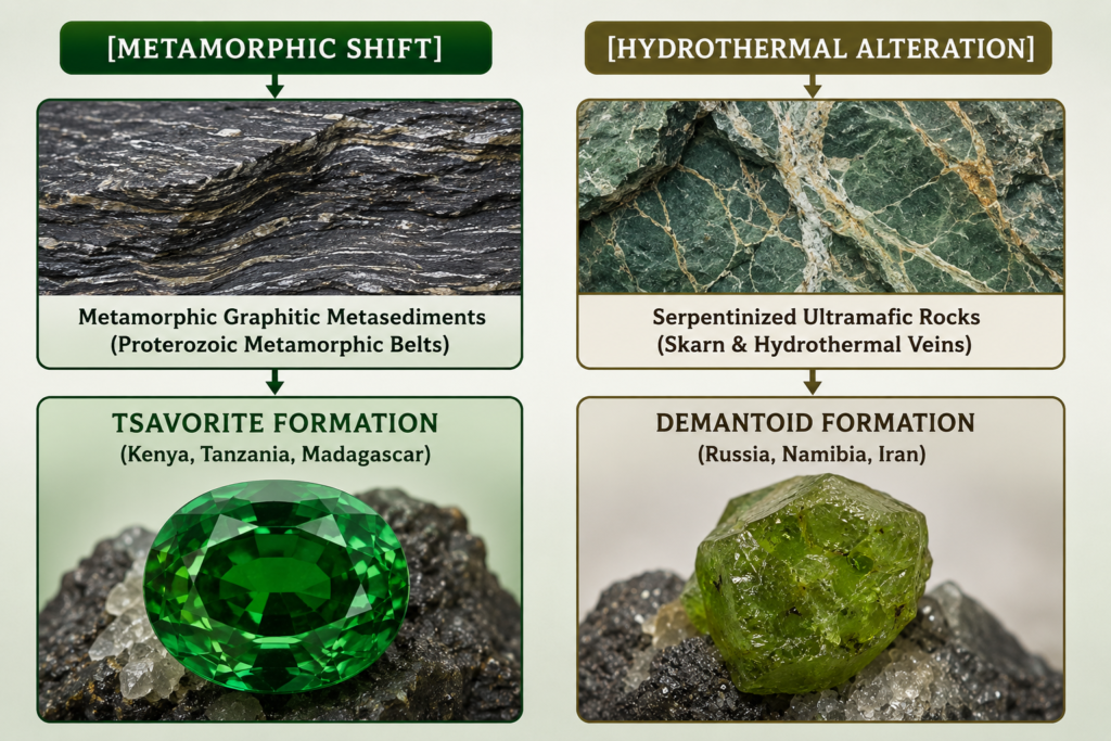 Infographic comparing the geological formation of Tsavorite and Demantoid garnets through metamorphic and hydrothermal processes.