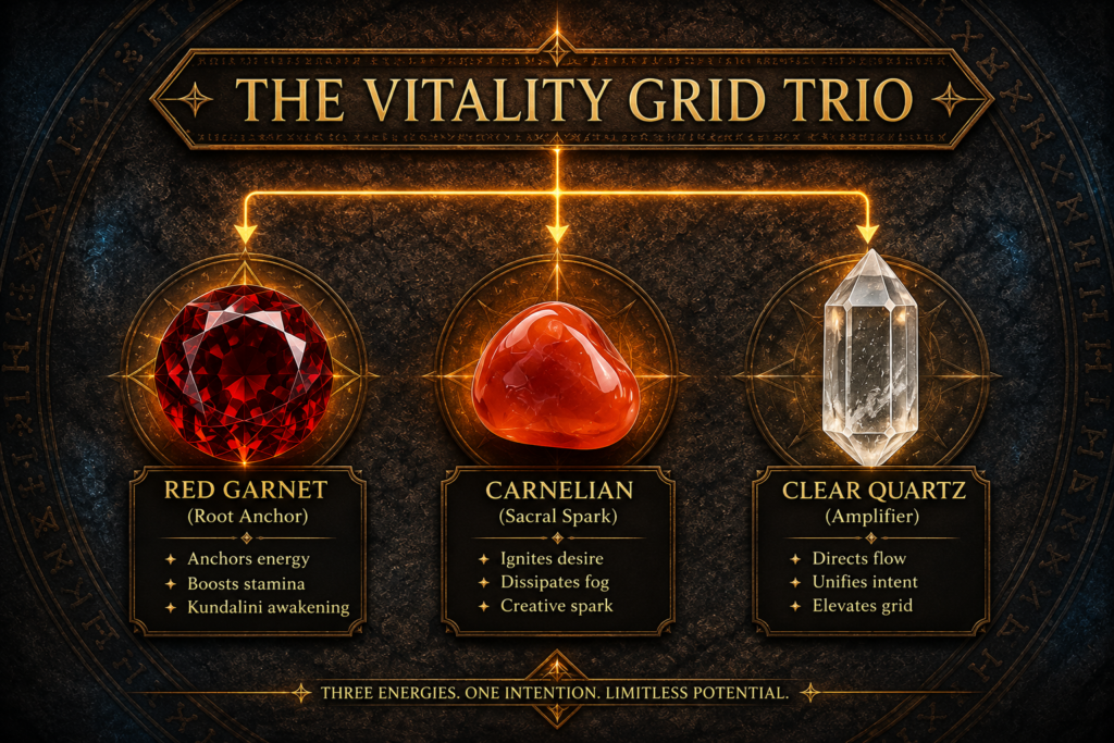 Infographic showing the Vitality Grid Trio featuring Red Garnet, Carnelian and Clear Quartz with their spiritual roles and crystal healing properties.