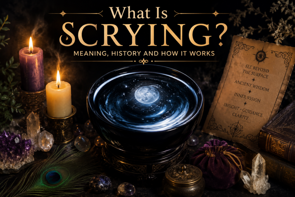 Mystical scrying altar featuring a crystal ball, candles, crystals and ancient books illustrating the history, meaning and practice of scrying for divination