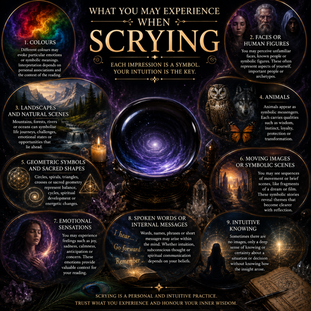 Mystical infographic illustrating common scrying experiences, including colours, symbolic faces, landscapes, animals, sacred geometry, emotional sensations, intuitive knowing and internal messages surrounding a crystal ball.