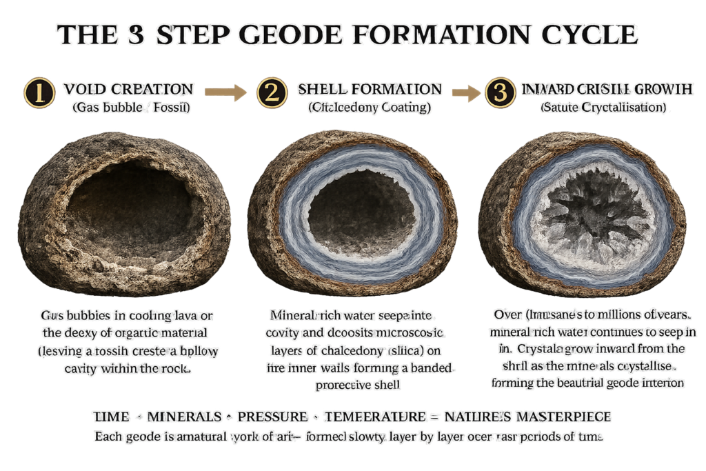 Three-step geode formation cycle showing void creation, chalcedony shell formation and inward crystal growth as minerals crystallise inside a rock cavity.