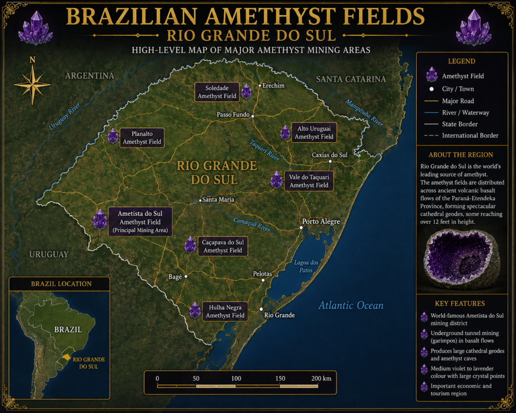 Brazilian Amethyst Fields – Rio Grande do Sul Mining Map - Sians Emporium High-level map of the Brazilian amethyst fields in Rio Grande do Sul, highlighting Ametista do Sul and other amethyst-producing areas, major towns, roads, rivers and regional geology.