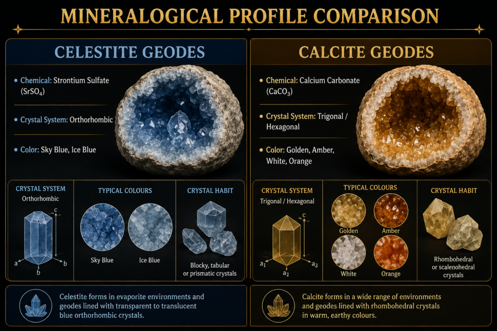 Mineralogical comparison of celestite and calcite geodes showing chemical composition, crystal systems, typical colours and crystal habits.