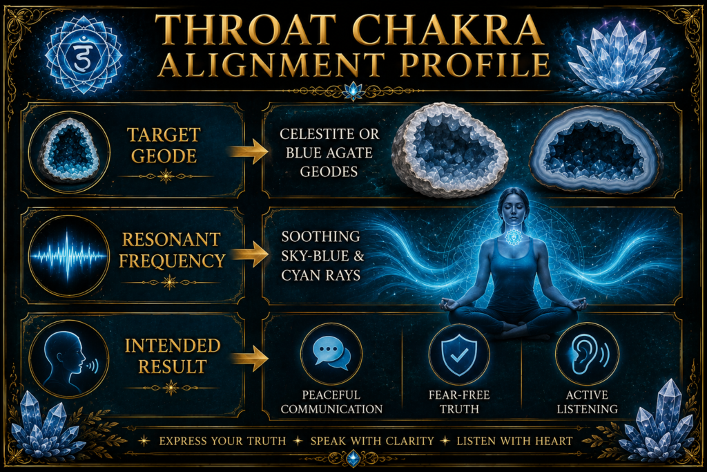 Throat Chakra Alignment Profile – Celestite and Blue Agate Geodes - Sians Emporium Throat Chakra alignment profile featuring Celestite and Blue Agate geodes, soothing sky-blue and cyan rays, peaceful communication, fear-free truth and active listening.