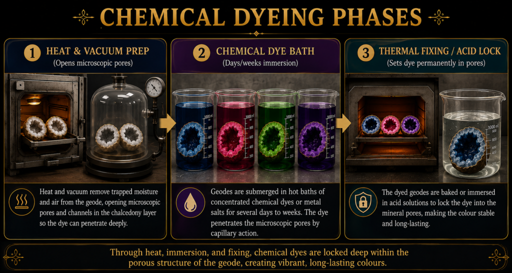 Chemical Geode Dyeing Phases – Heat, Dye Bath and Fixing Process - Sians Emporium Infographic illustrating three chemical geode dyeing phases: heat and vacuum preparation, immersion in chemical dye baths, and thermal fixing or acid treatment to lock colour into the stone.