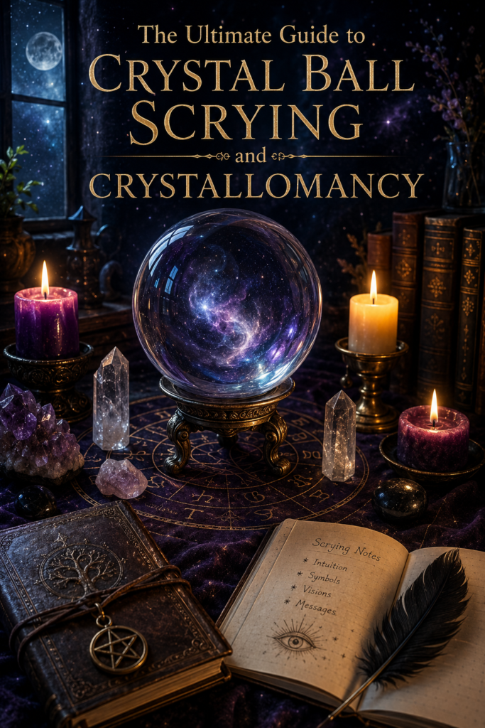 The Ultimate Guide to Crystal Ball Scrying and Crystallomancy - Sians Emporium Crystal ball on an ornate stand surrounded by candles, crystals, ancient books and mystical symbols, illustrating the practice of crystal ball scrying and crystallomancy.