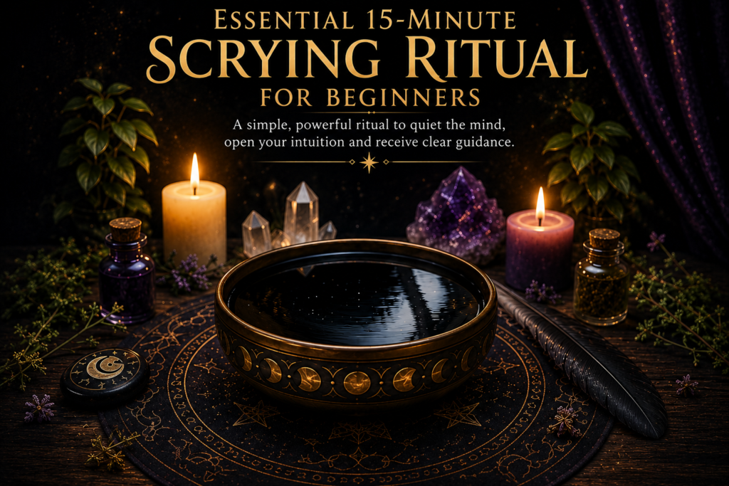 Essential 15-minute scrying ritual for beginners featuring a black scrying bowl, candles, crystals and a mystical altar for developing intuition and divination.