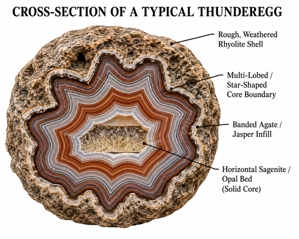 Cross-section of a typical thunderegg showing the rough weathered rhyolite shell, multi-lobed core boundary, banded agate and jasper infill, and sagenite or opal core.