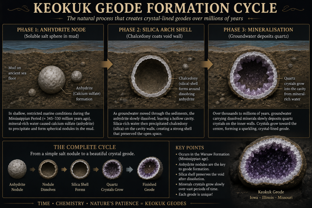 Keokuk Geode Formation Cycle – From Anhydrite Nodule to Quartz Geod - Sians Emporium Diagram showing the Keokuk geode formation cycle from an anhydrite nodule through dissolution and chalcedony shell formation to groundwater mineralisation and quartz crystal growth.