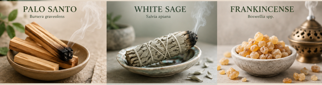 Comparison of palo santo white sage and frankincense showing their origins aromas traditional spiritual associations and common uses for smoke cleansing and meditation