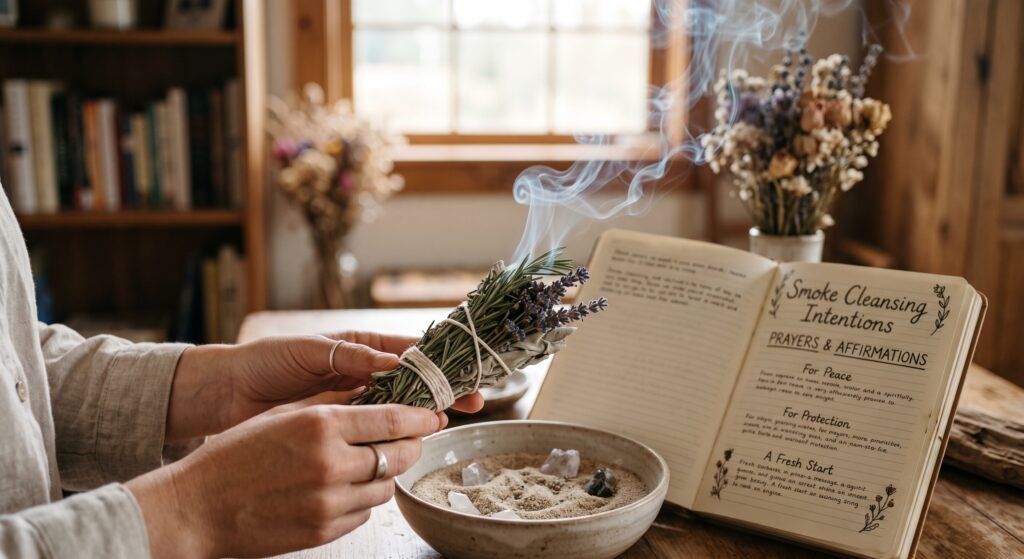 Smoldering botanical smoke cleansing wand held over a ceramic bowl alongside an open journal with cleansing intentions and prayers
