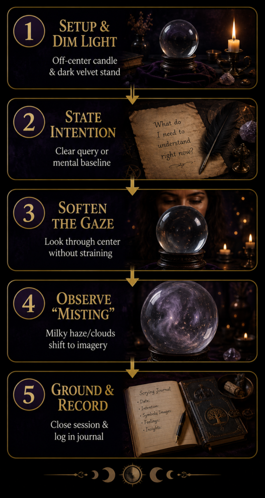 Crystal Ball Scrying Step-by-Step Process Flow - Sians Emporium Vertical infographic showing the five-step crystal ball scrying process from setting up the space and stating an intention to observing misting and recording insights.