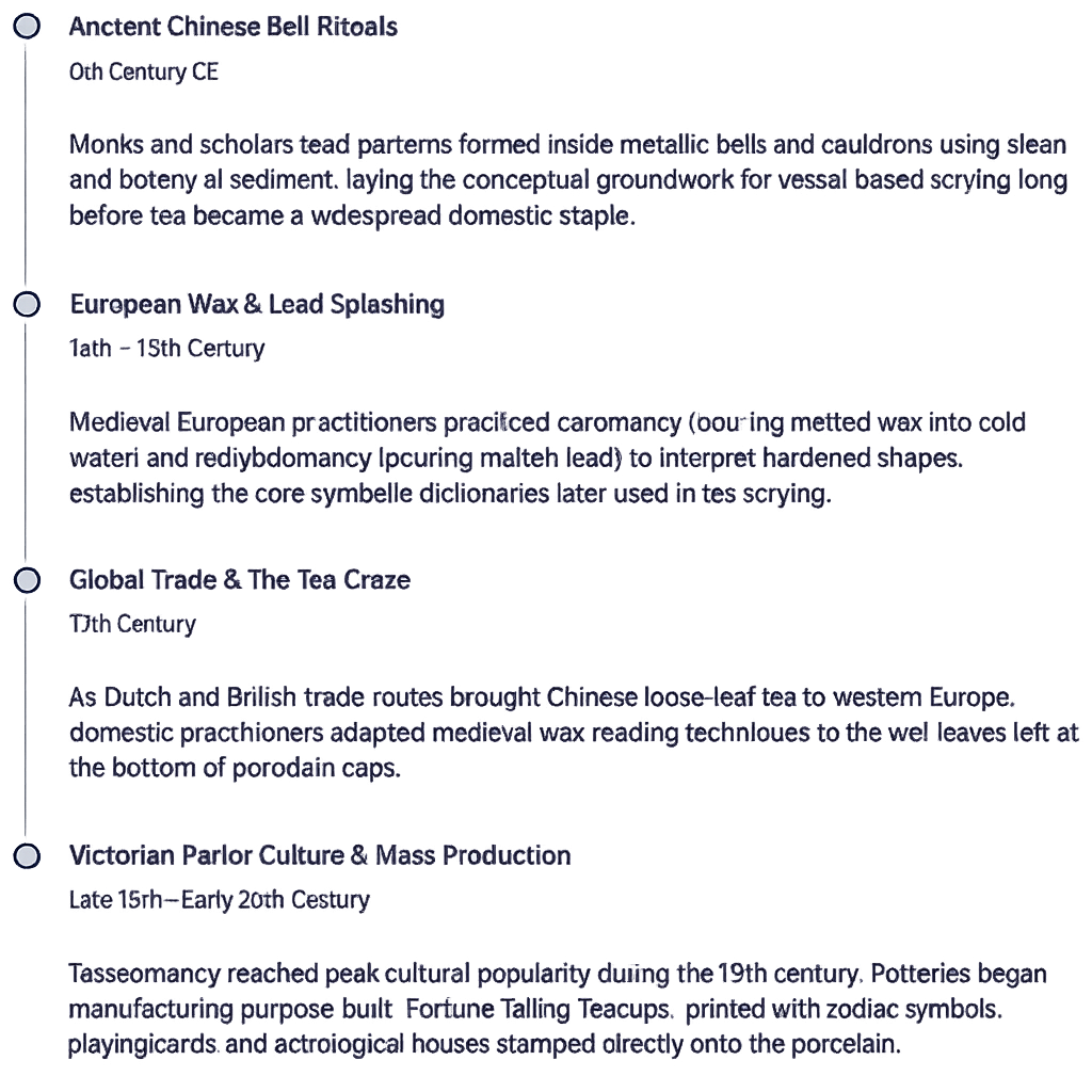 A vertical timeline graphic detailing the history of tea scrying and tasseomancy, from 6th-century Chinese bell rituals to 19th-century Victorian parlour culture.