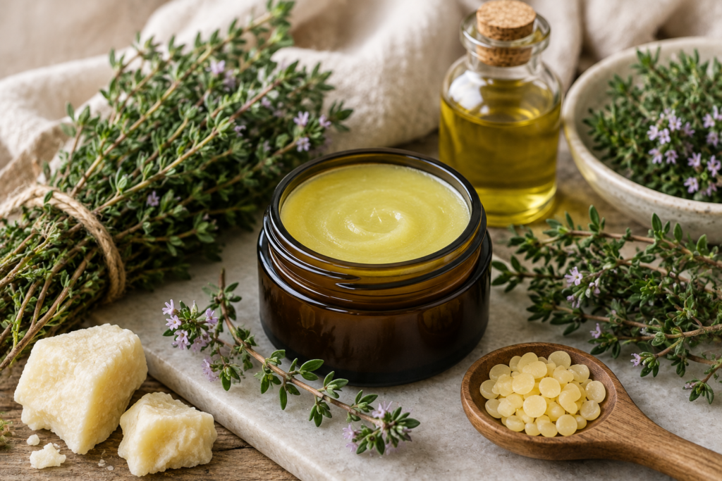 Thyme soothing topical salve with natural ingredients sians emporium Homemade thyme topical salve in an amber glass jar surrounded by fresh thyme botanical oil beeswax and natural salve ingredients