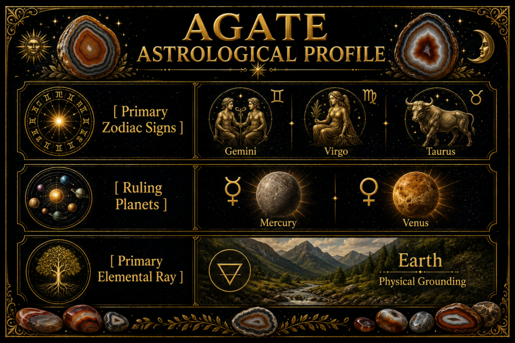 Agate astrological profile showing Gemini, Virgo and Taurus, the ruling planets Mercury and Venus, and Earth and physical grounding as its primary elemental ray.