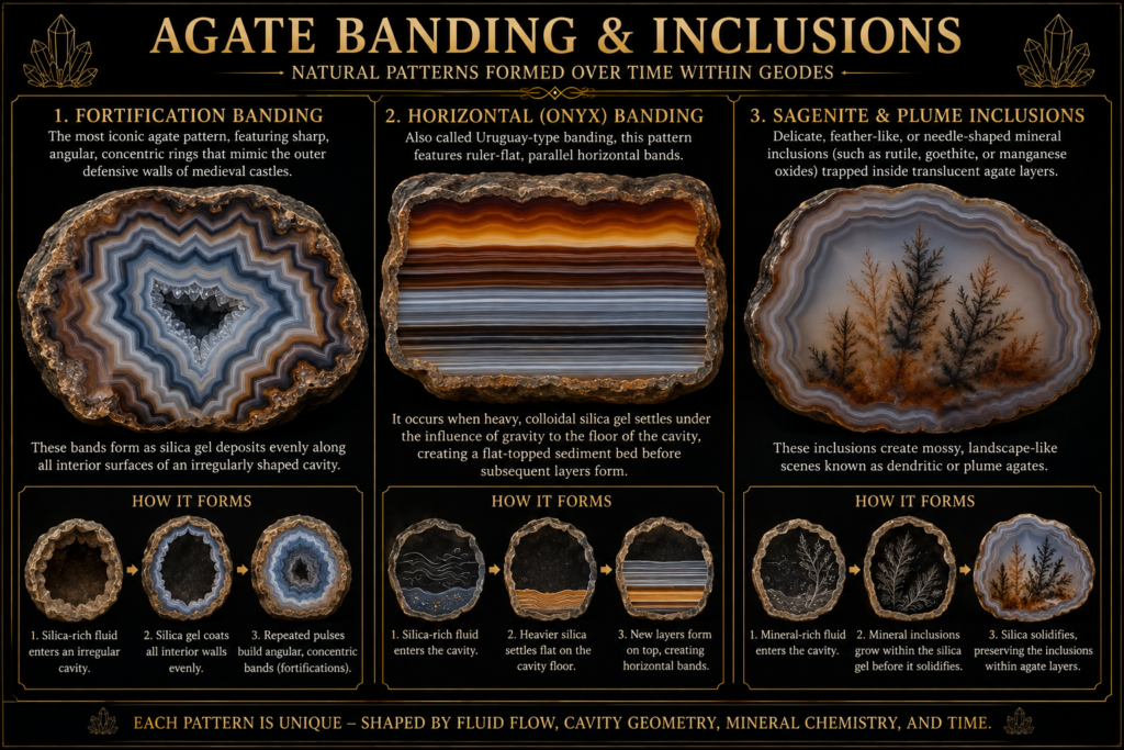 Educational diagram comparing fortification banding, horizontal onyx banding and sagenite and plume inclusions in agate, with examples showing how each pattern forms.