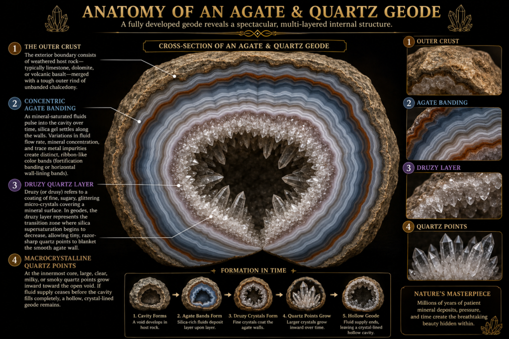 Cross-section diagram of an agate and quartz geode showing the weathered outer crust, concentric agate banding, druzy quartz layer, macrocrystalline quartz points and hollow central cavity.