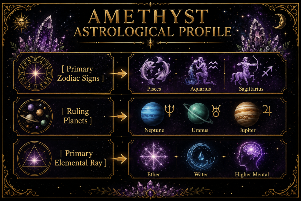 Amethyst astrological profile showing Pisces, Aquarius and Sagittarius, their ruling planets Neptune, Uranus and Jupiter, and the elemental rays Ether, Water and Higher Mental.