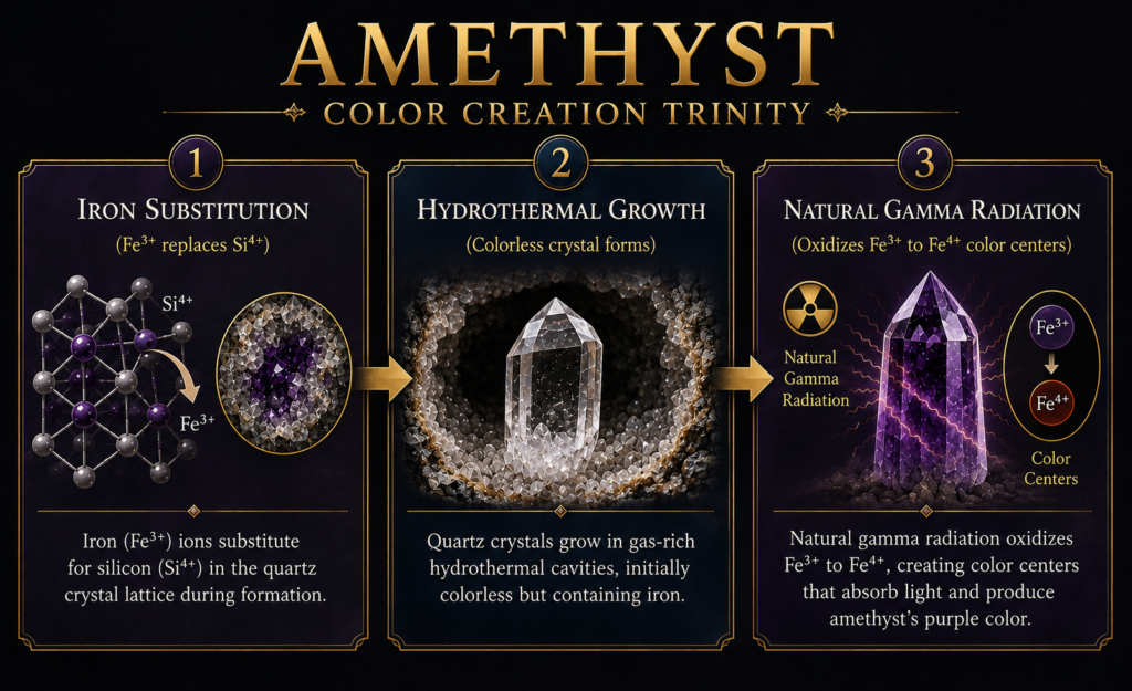 Infographic showing how amethyst gets its purple colour through iron substitution, hydrothermal crystal growth and natural gamma radiation.