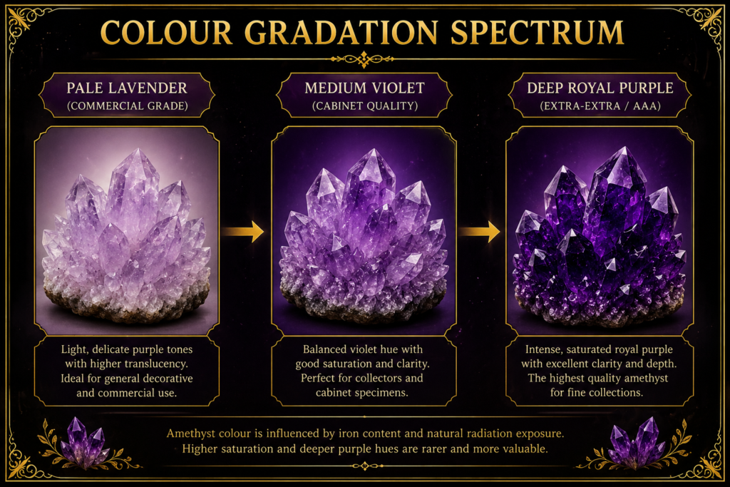 amethyst-colour-gradation- - Sians Emporium Amethyst colour gradation spectrum showing pale lavender commercial-grade, medium violet cabinet-quality and deep royal purple AAA amethyst crystal clusters.