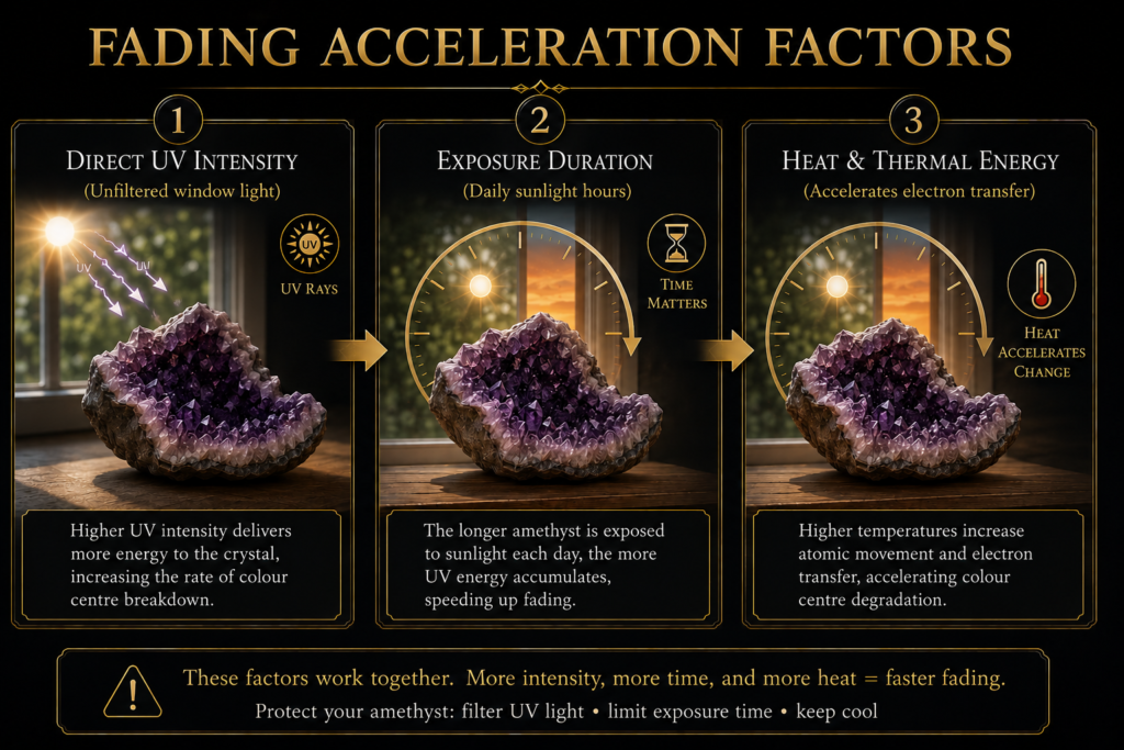 Infographic showing how direct UV intensity, prolonged sunlight exposure and heat can accelerate colour fading in natural amethyst.