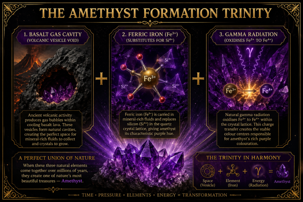 The Amethyst Formation Trinity – How Amethyst Crystals Form - Sians Emporium Detailed infographic explaining how amethyst forms through basalt gas cavities, ferric iron impurities and natural gamma radiation, producing its characteristic purple colour.