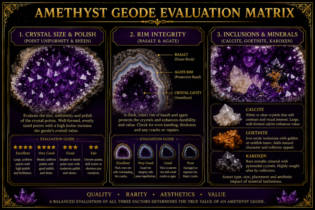 Amethyst Geode Evaluation Matrix – Crystal Quality and Mineral Guide - Sians Emporium Amethyst geode evaluation matrix showing crystal size and polish, basalt and agate rim integrity, and mineral inclusions including calcite, goethite and kakoxen.