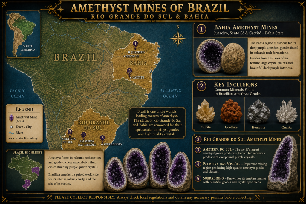Amethyst Mines of Brazil – Rio Grande do Sul & Bahia Map - Sians Emporium Illustrated map of the Amethyst mines of Brazil, highlighting important mining areas in Rio Grande do Sul and Bahia, with Brazilian amethyst geodes and associated minerals.