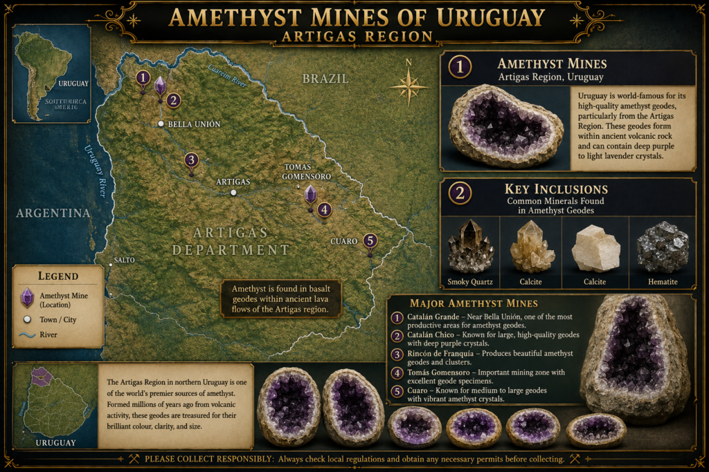 Amethyst Mines of Uruguay – Artigas Region Mining Map - Sians Emporium llustrated map of the Amethyst mines of Uruguay in the Artigas Region, showing important mining areas, locations, amethyst geodes and associated minerals.