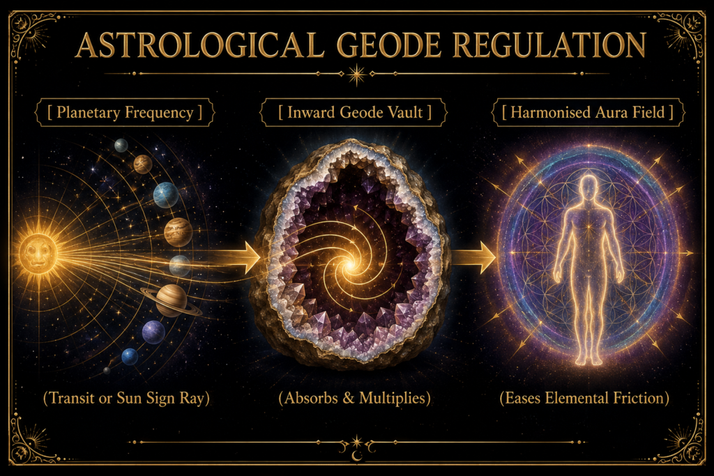 Astrological Geode Regulation diagram showing planetary frequency flowing into a crystal geode, where the energy is absorbed and multiplied before creating a harmonised aura field.