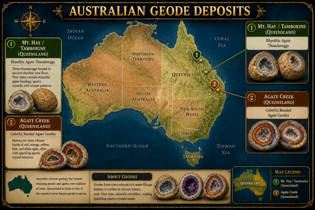 Illustrated map of Australia highlighting Queensland geode deposits at Mt. Hay and Tamborine, known for rhyolitic agate thundereggs, and Agate Creek, famous for colourful banded agates and geodes.