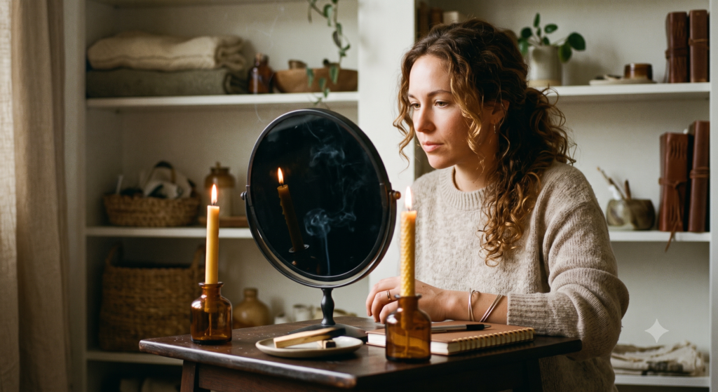 A woman sits at a wooden table engaging in black mirror scrying beside lit candles and a notebook.