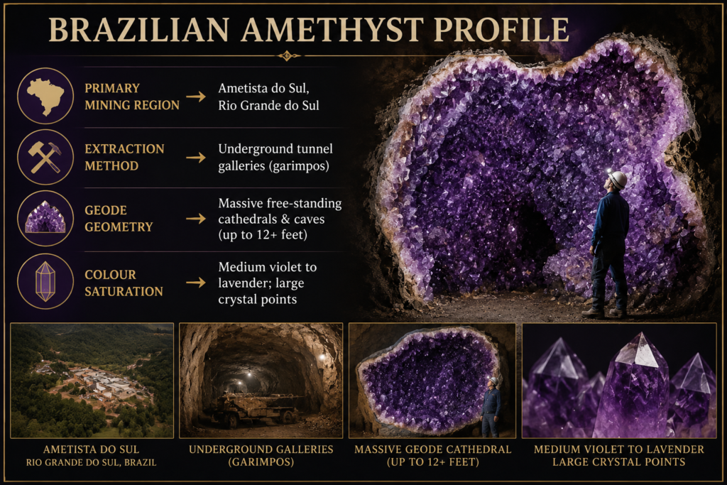Brazilian Amethyst Profile – Ametista do Sul Geodes and Mining - Sians Emporium Brazilian amethyst profile showing Ametista do Sul in Rio Grande do Sul, underground mining galleries, a massive cathedral amethyst geode and large violet-to-lavender crystal points.
