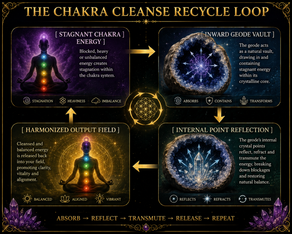 The Chakra Cleanse Recycle Loop – How Geodes Harmonise Chakra Energy - Sians Emporium Chakra Cleanse Recycle Loop showing stagnant chakra energy entering a geode, reflecting through its internal crystal points and returning as a harmonised energy field.