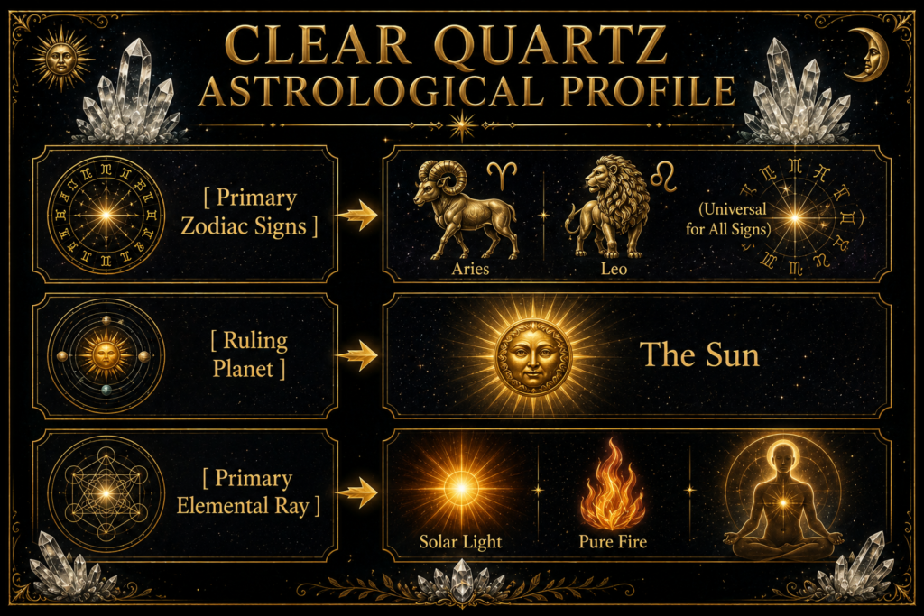 Clear Quartz astrological profile showing Aries and Leo, its universal connection with all zodiac signs, the Sun as ruling planet, and Solar Light and Pure Fire as elemental rays.